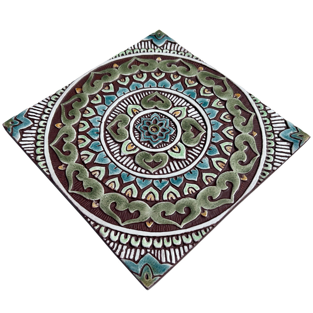 Handmade Tile matt green Mandala #7 [30cm/11.8