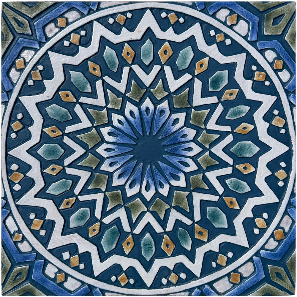 ヨーロッパタイルアート Handmade Tile Teal Mandala #5 [30cm/11.8