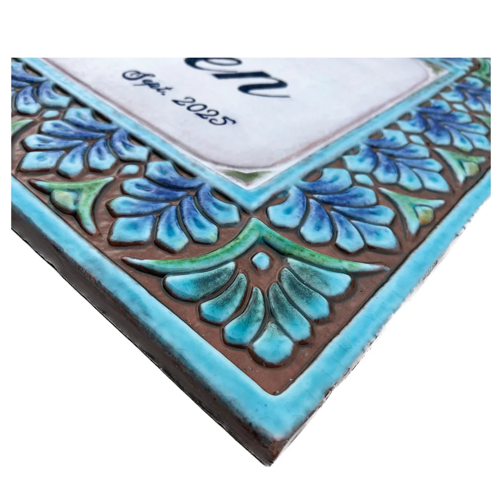 House sign made from ceramic. Address plaque hand painted with custom text. Handmade Spanish tile for house entrance.