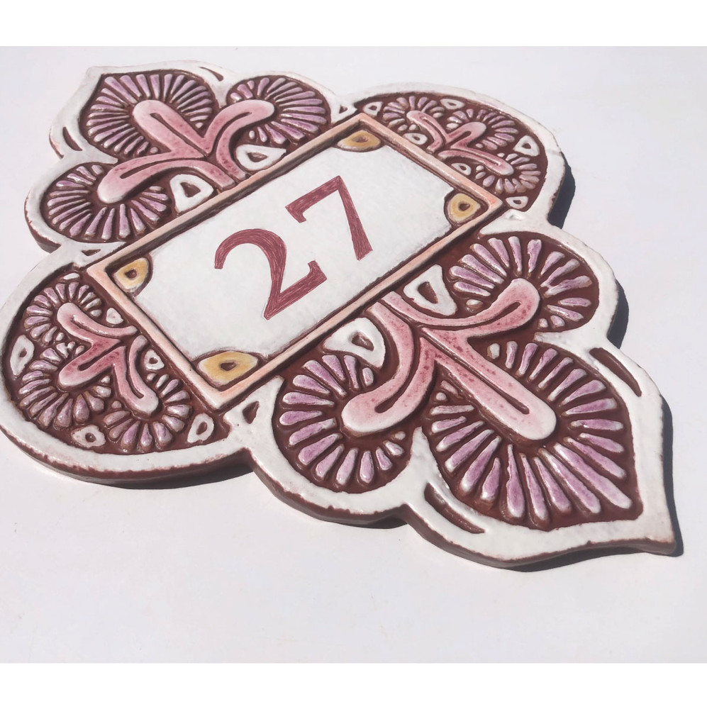 Handmade tile ceramic number plaque for house entrance.  Glazed in Matt Pink. Made in Spain