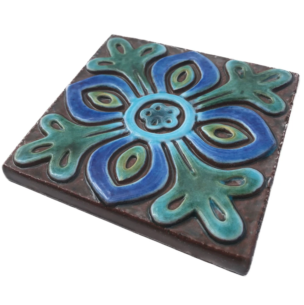 handmade ceramic tile with relief, 10cm, turquoise