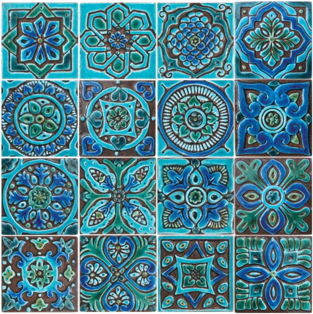 handmade ceramic tile with relief, 10cm, turquoise