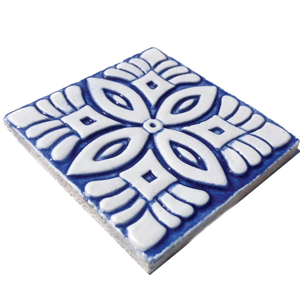 handmade ceramic tile with relief, 10cm / 3.9", white&blue
