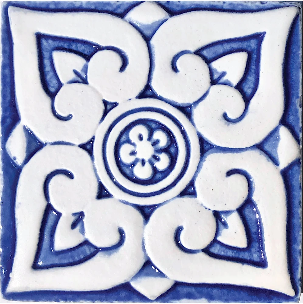 handmade ceramic tile with relief, 10cm / 3.9", white&blue