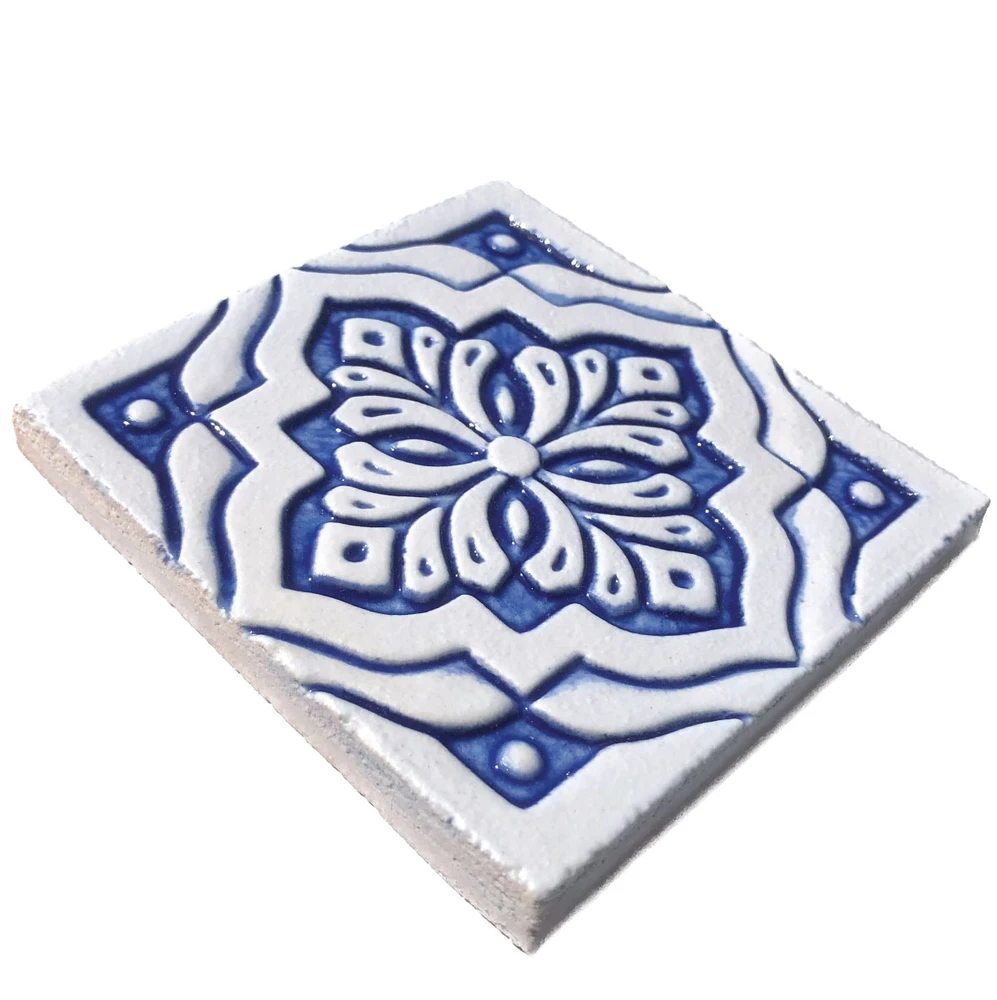 handmade ceramic tile with relief, 10cm / 3.9", white&blue