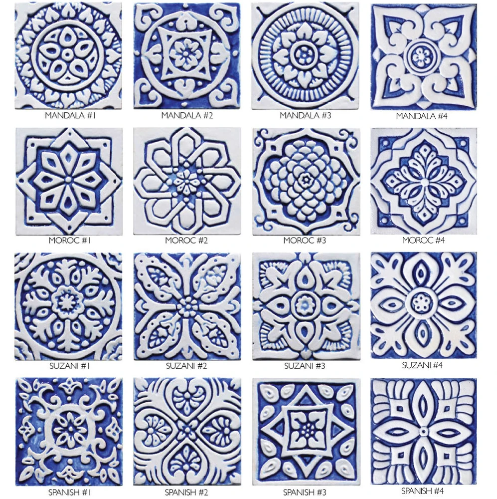 handmade ceramic tile with relief, 10cm / 3.9", white&blue