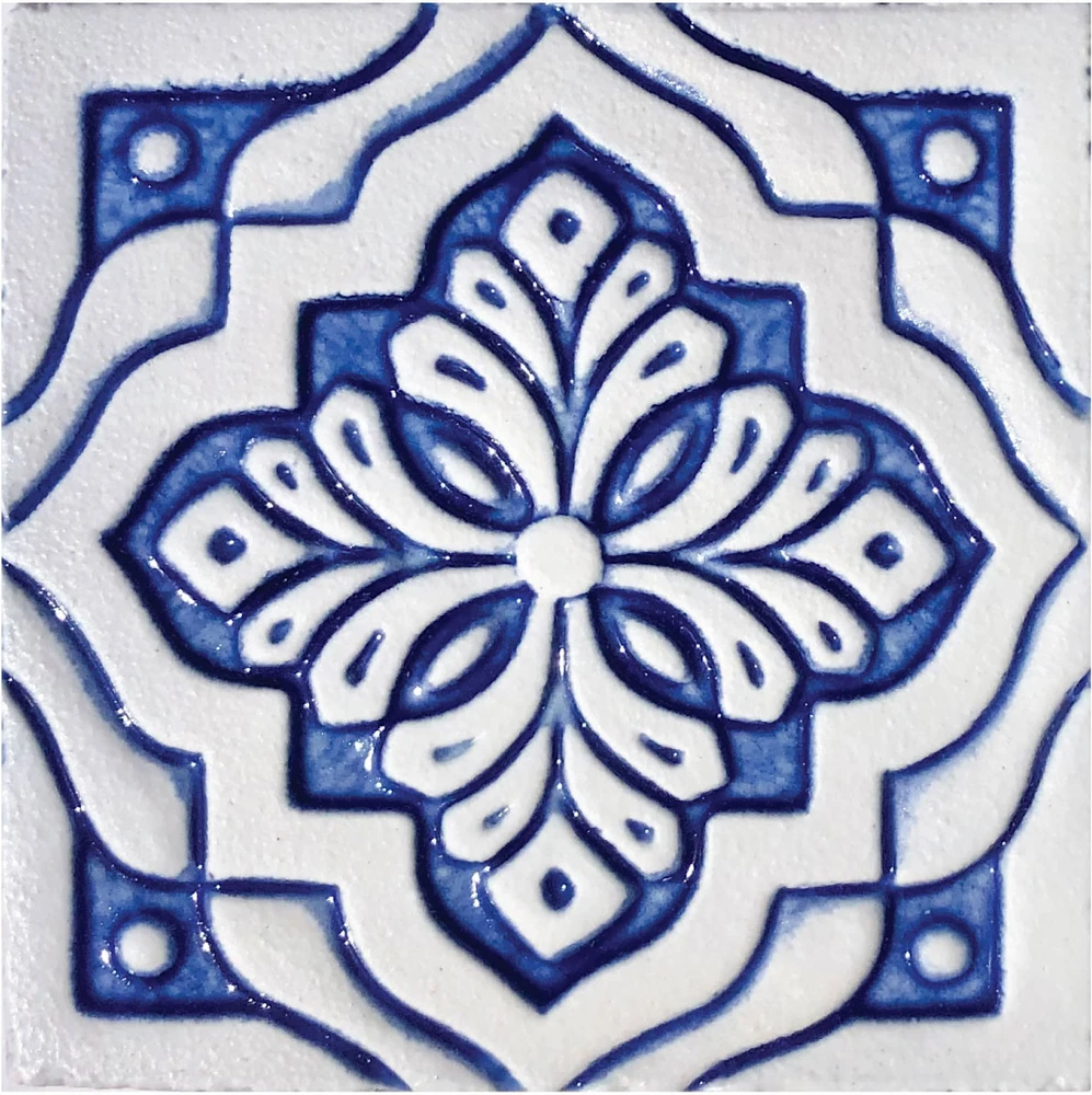 handmade ceramic tile with relief, 10cm / 3.9", white&blue