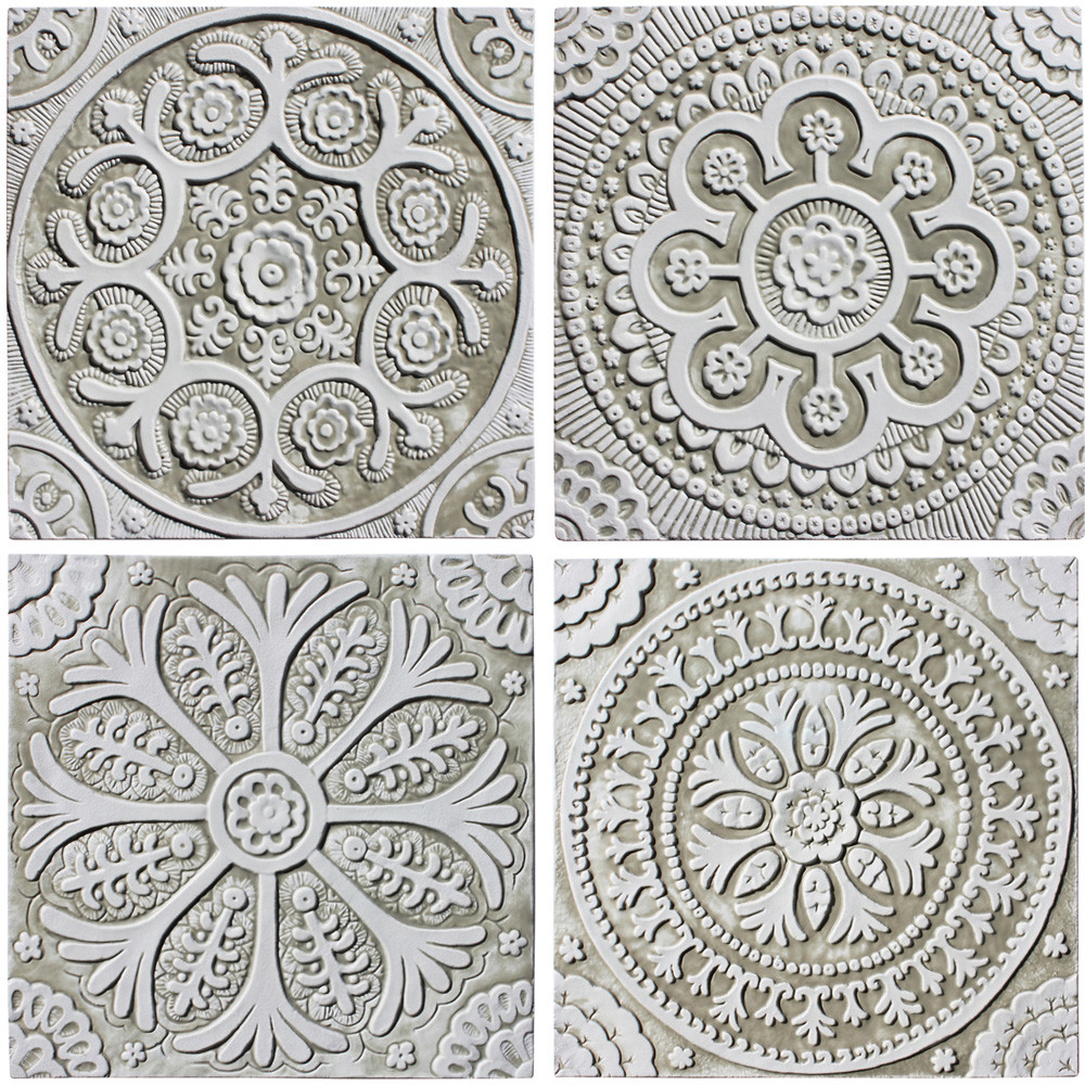 Handmade tile for kitchens, bathrooms and outdoor wall art. Decorative tile handmade in Spain. Relief tile glazed in beige and white.