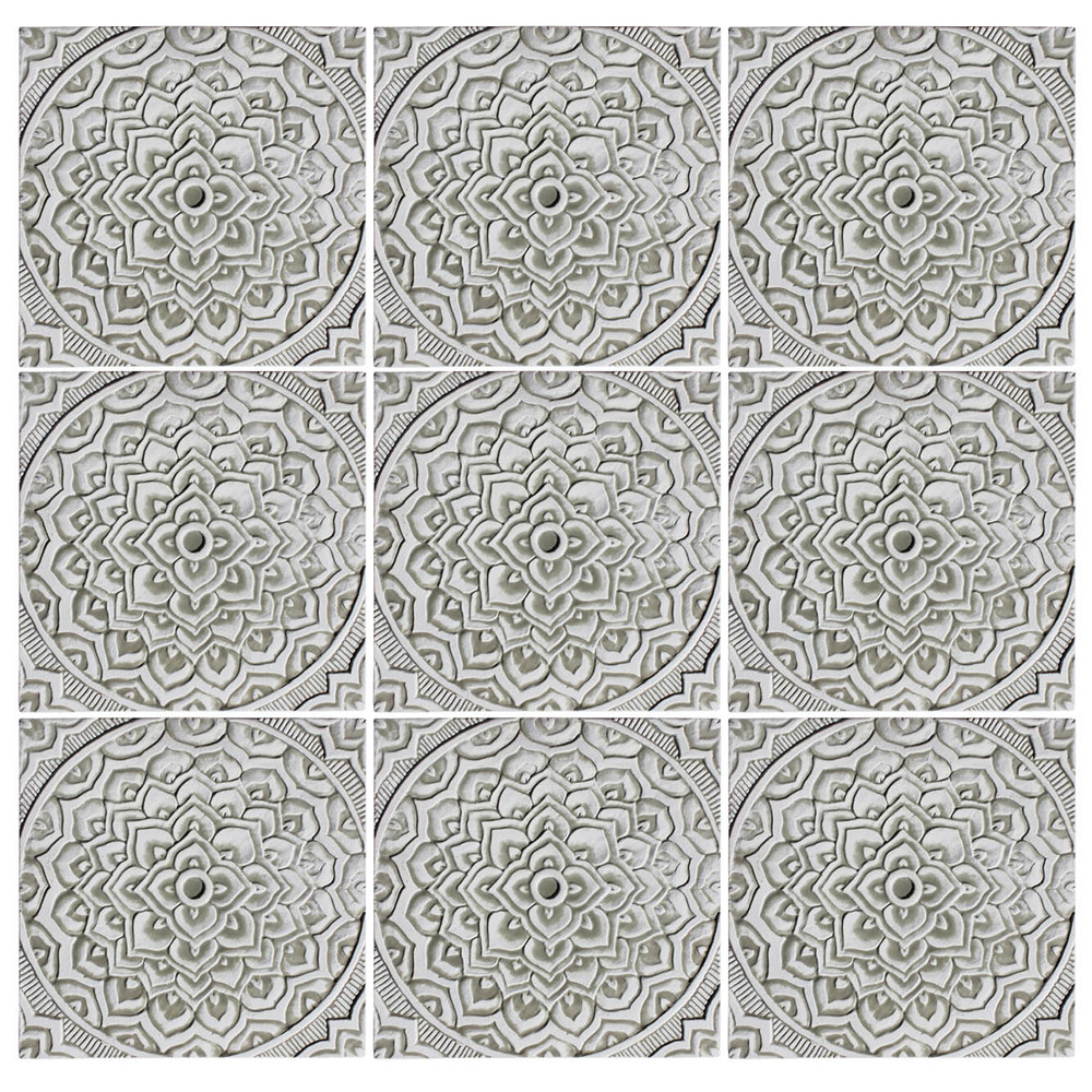 Handmade tile for kitchens, bathrooms and outdoor wall art. Decorative tile handmade in Spain. Relief tile glazed in beige and white.