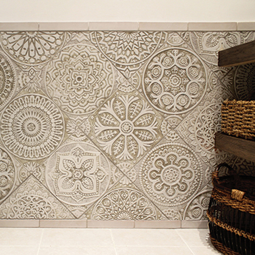 Handmade moroccan tile for kitchens, bathrooms and outdoor wall art. Decorative tile handmade in Spain. Relief tile glazed in beige and white.