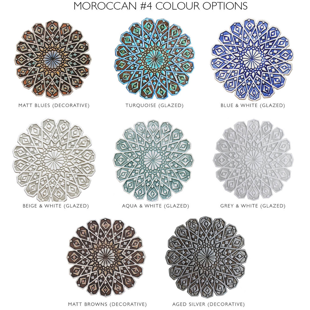 These Moroccan tiles are glazed in turquoise and make unique wall hangings for kitchens and bathrooms. Our decorative tiles also make wonderful outdoor wall art.  Circle garden decor handmade in Spain.