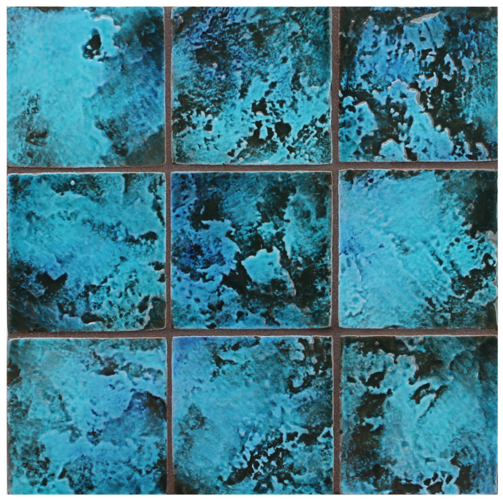Decorative tile "Rustico" - 10x10cm - Glazed in crystalline turquoise.
