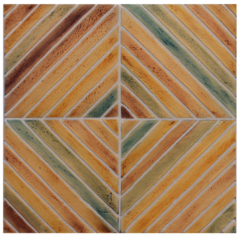 Decorative tile "Vertical Diagonal". Glazed in matt ocre, browns and green.