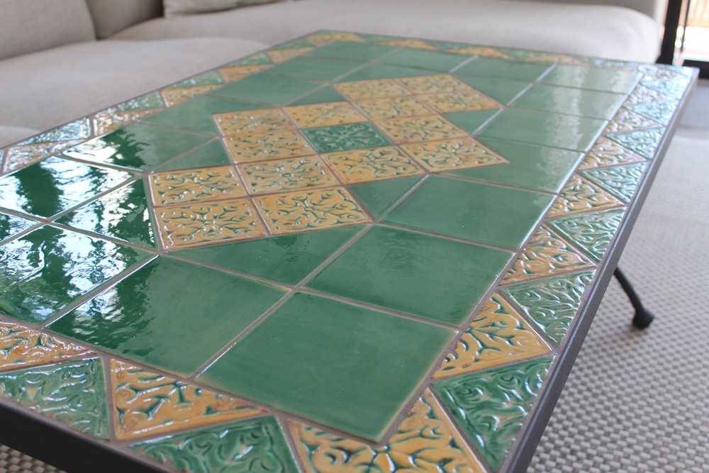 Mosaic table made from Handmade tiles.  Custom designed ceramic table, handmade in Spain.