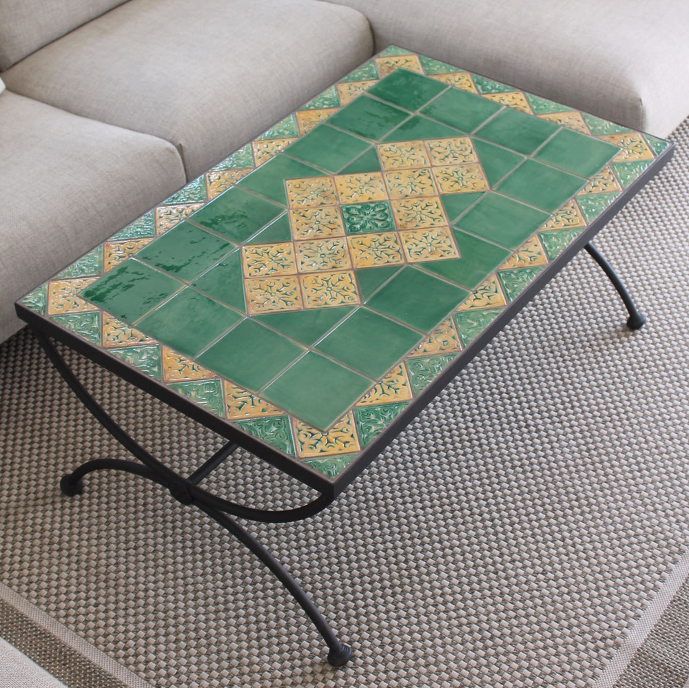 Mosaic table made from Handmade tiles.  Custom designed ceramic table, handmade in Spain.