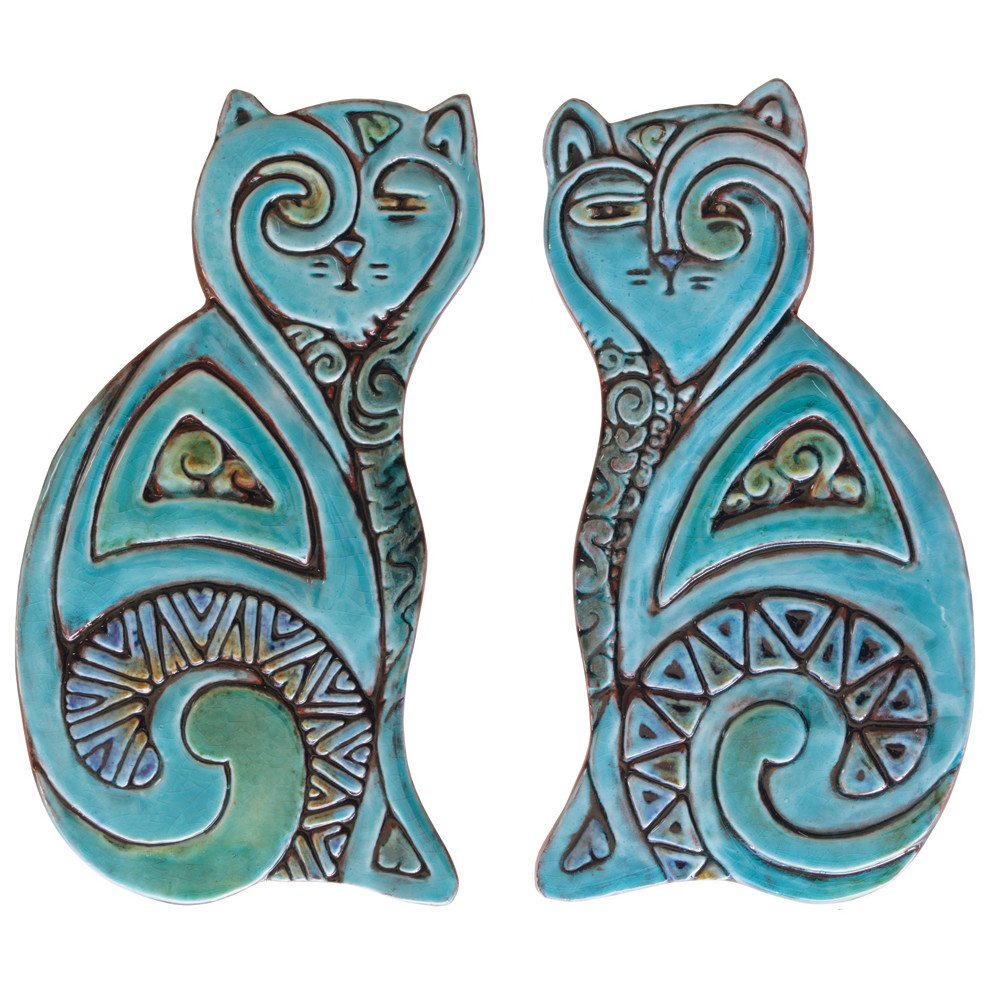 Animals Cat Ceramic Tiles Turquoise Wall Art By G Vega