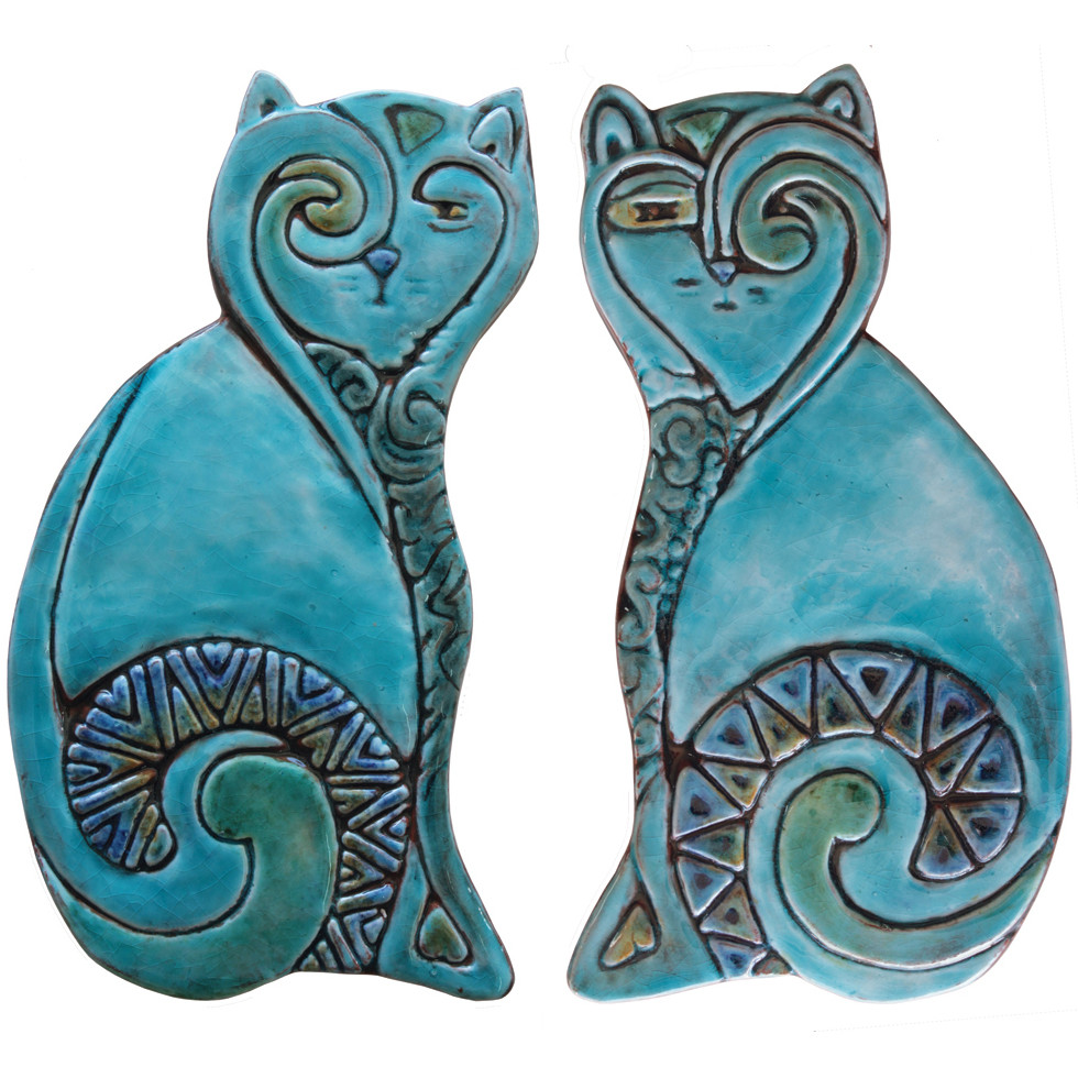 Animals Cat Ceramic Tiles Turquoise Wall Art By G Vega