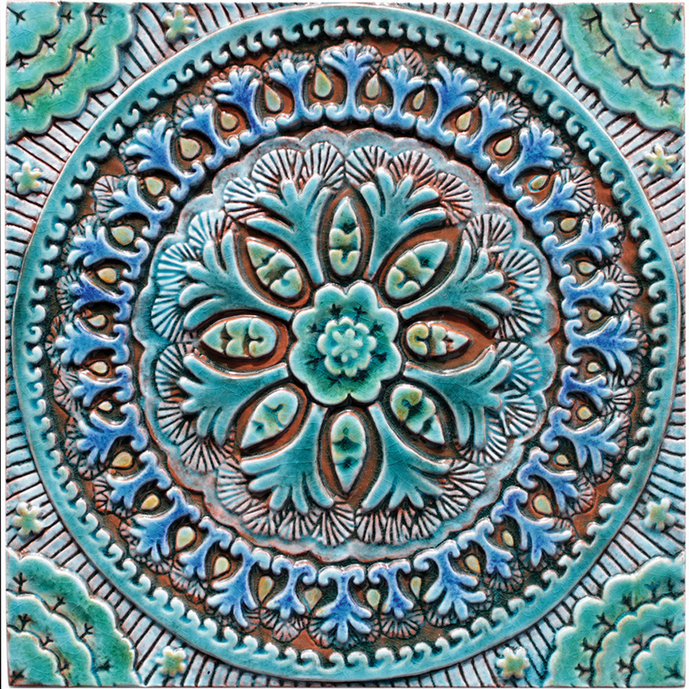 Turquoise tile with decorative Suzani relief. Large decorative tiles handmade in Spain.