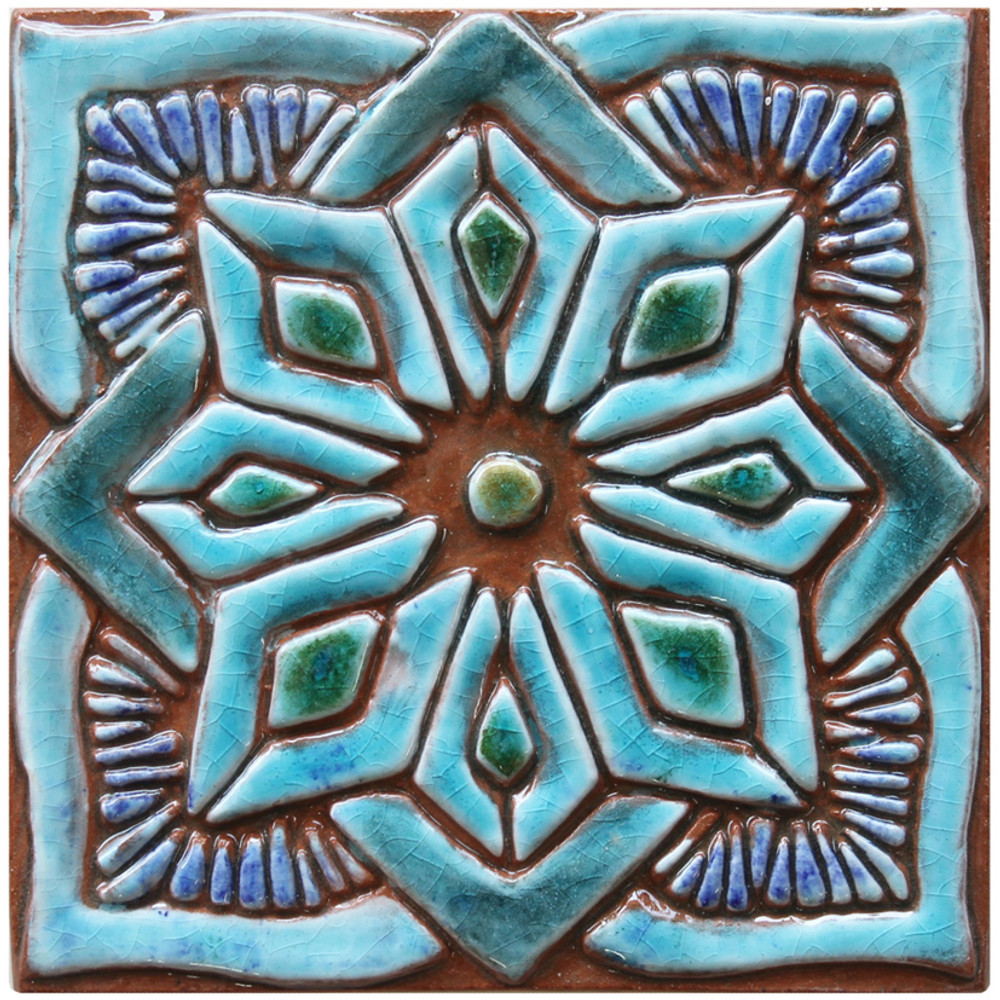 Turquoise moroccan handmade tile with decorative relief. Decorative tile handmade in Spain.
