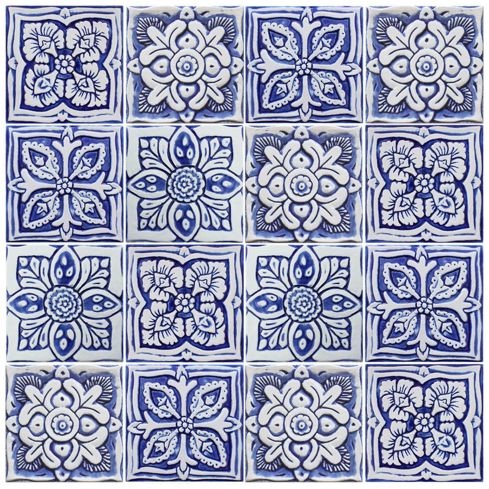 Handmade tile blue white suzani #1 [15cm/5.9