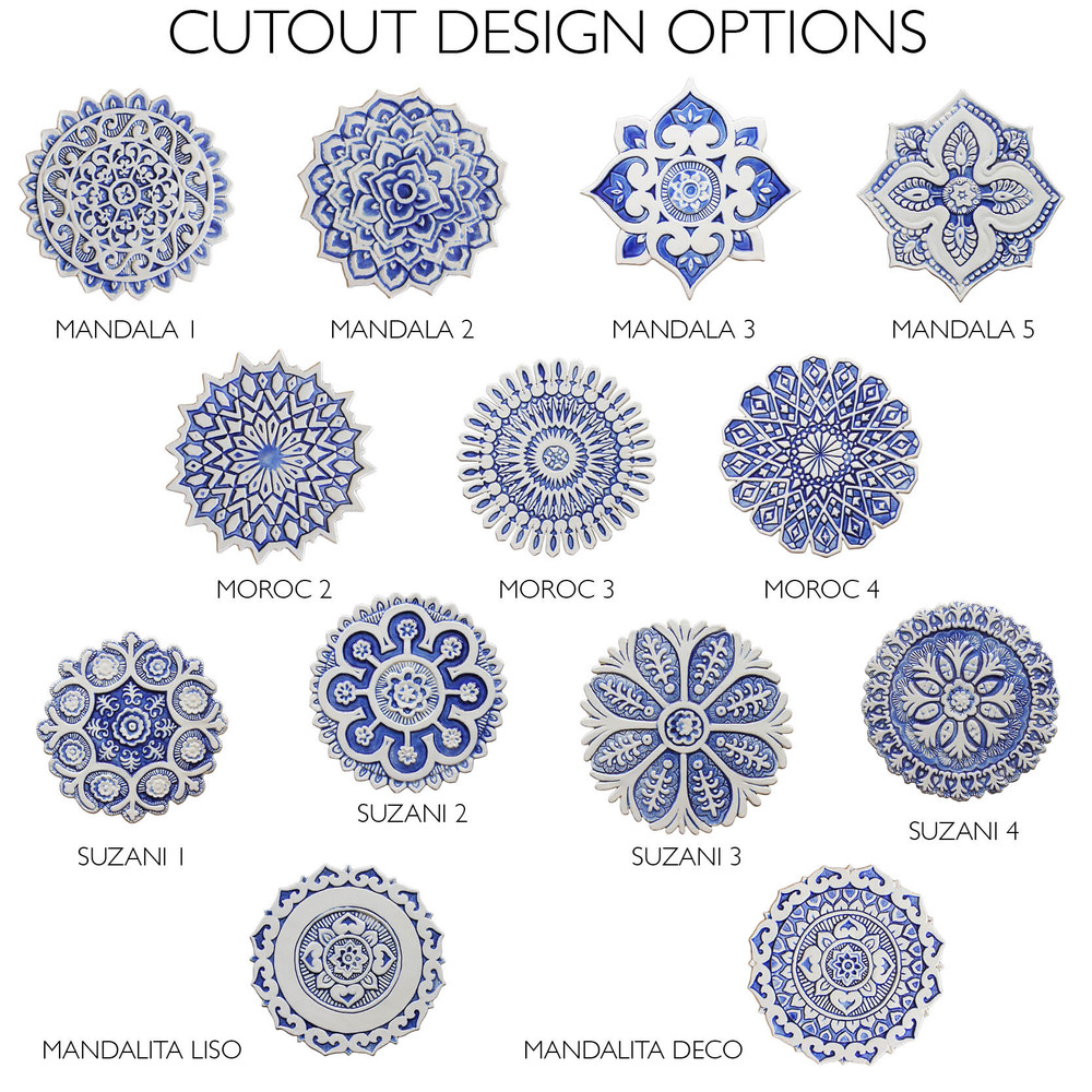 These circular handmade tiles make unique wall hangings for kitchens, bathrooms or outdoor wall art. Our blue and white decorative tiles can also be combined with our other circular tiles to make larger wall art installations.