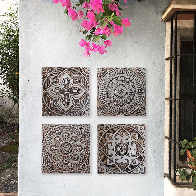 Large silver spanish tile mandala 4. Handmade tile by GVEGA