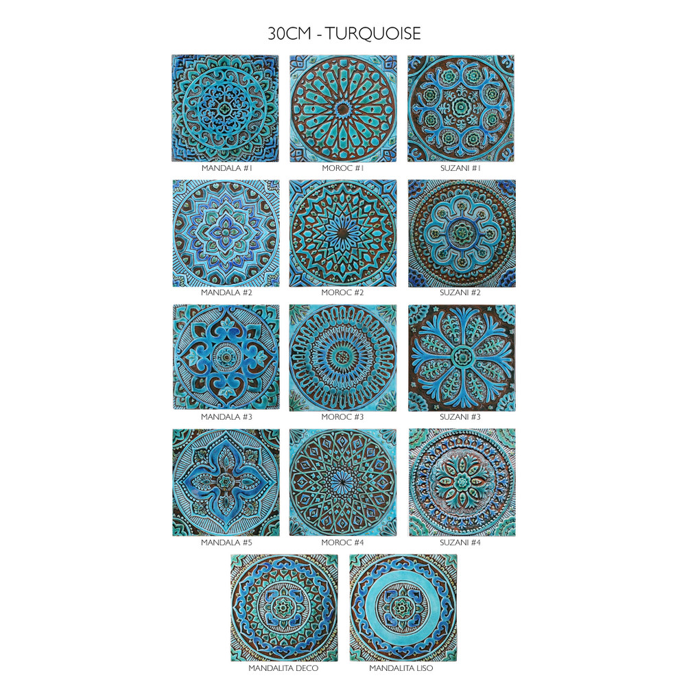 Turquoise handmade tile with decorative relief. Large decorative tile with mandala design.
