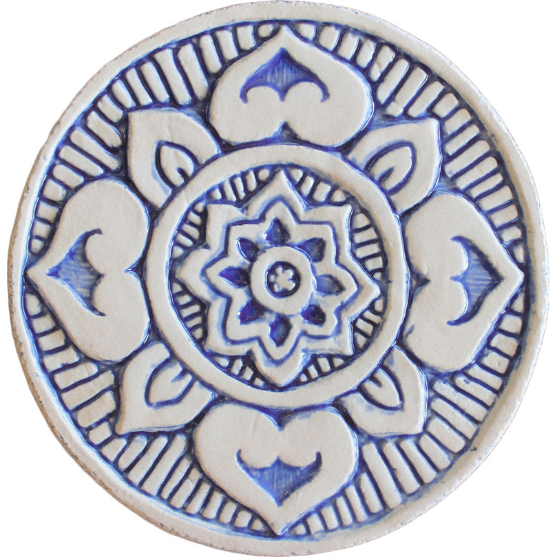These circular tiles make beautiful outdoor wall art.  Blue and white wall hangings for kitchens, bathrooms and wall decor. Our decorative tiles can also be combined with our other handmade tiles to make larger wall art installations.