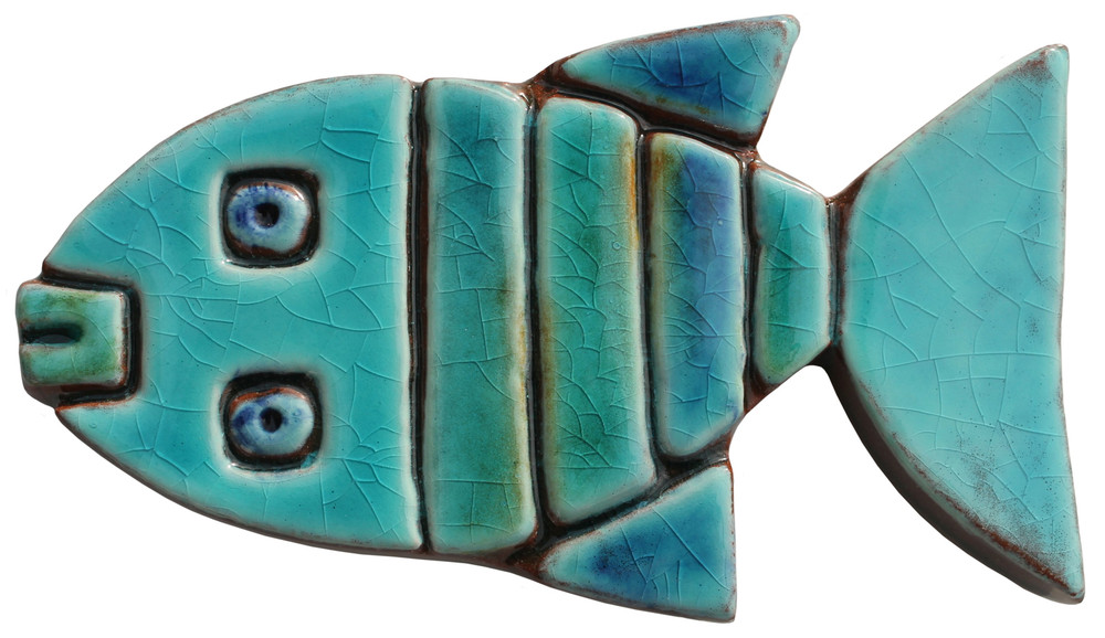 Turquoise handmade tile ceramic fish wall art installation. Handmade in Spain.