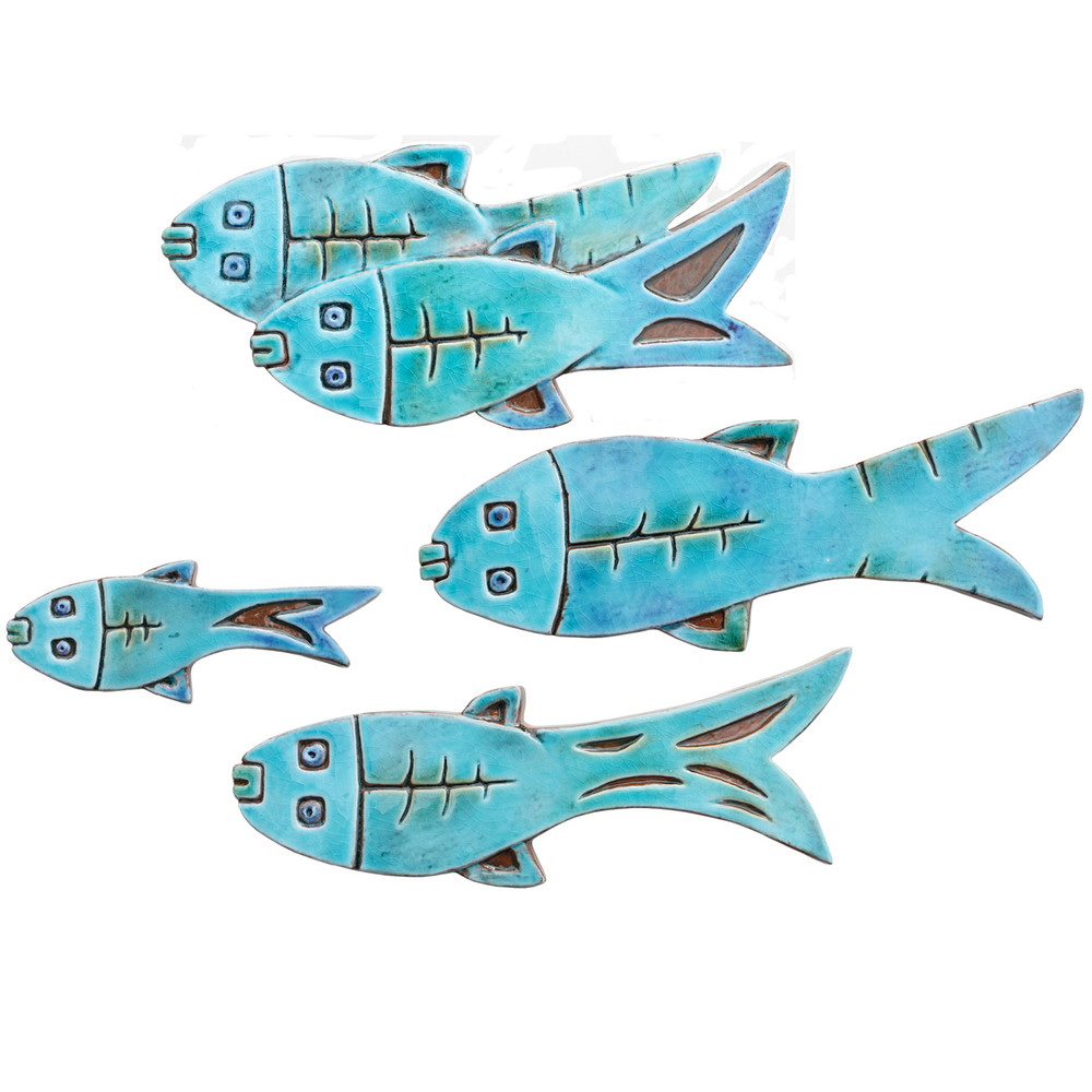 Ceramic Wall Art Fish Abstract slim Turquoise SET5