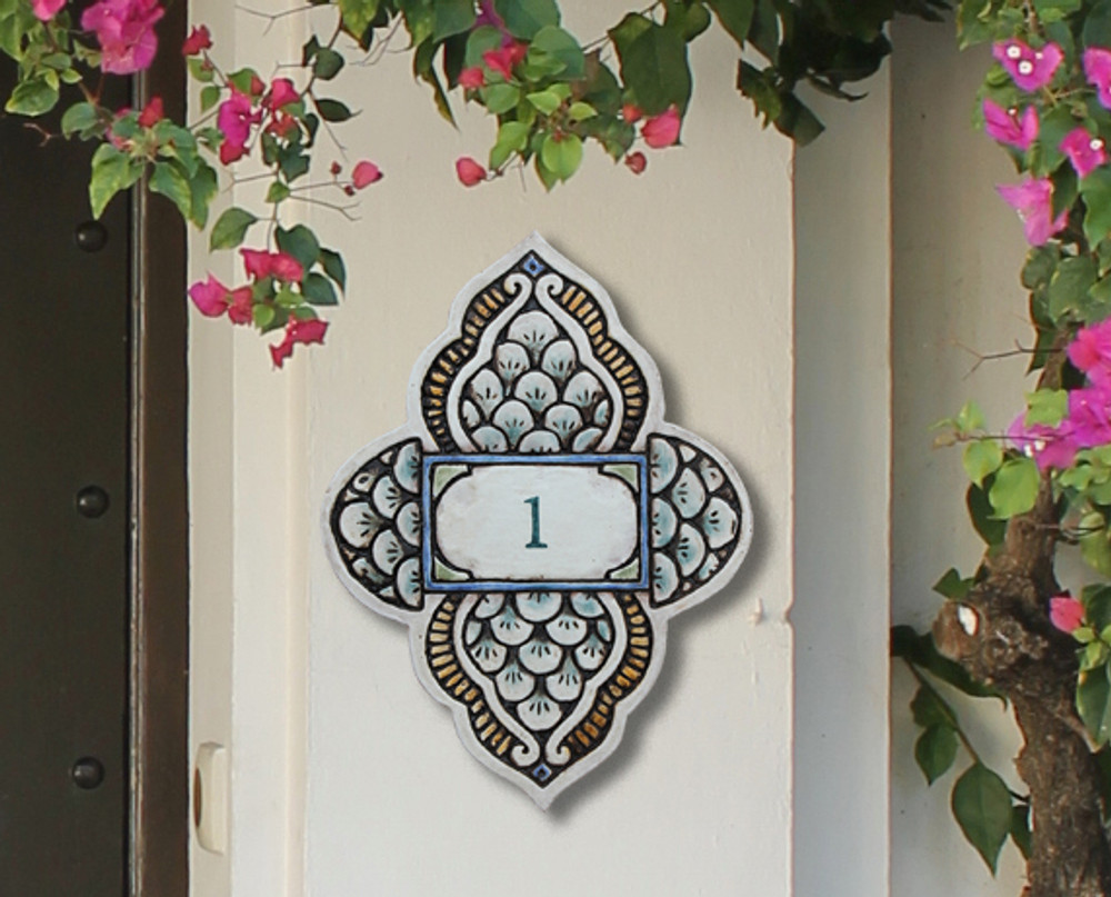 Handmade tile ceramic number plaque for house entrance.  Glazed in matt greens. Made in Spain.