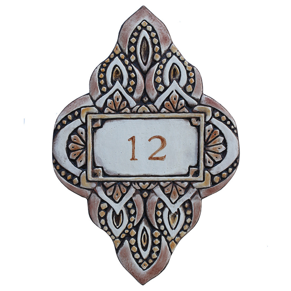 Handmade tile ceramic number plaque for house entrance.  Glazed in matt browns. Made in Spain.
