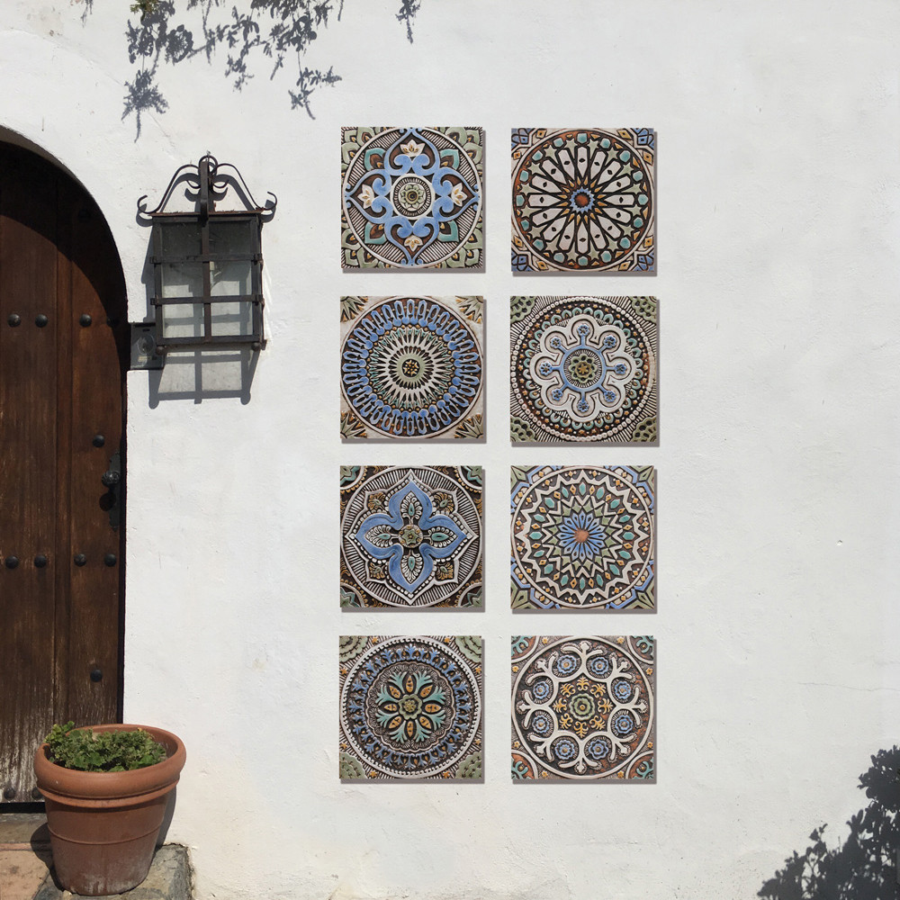These handmade tiles make wonderful wall hangings and outdoor wall art.  These relief tiles are handmade in Spain and glazed in matt blue and finished in aged effect.