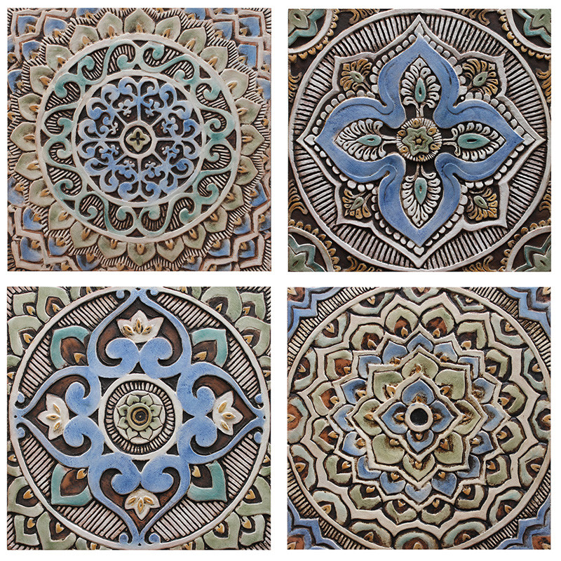 These handmade tiles make wonderful wall hangings and outdoor wall art.  These relief tiles are handmade in Spain and glazed in matt blue and finished in aged effect.