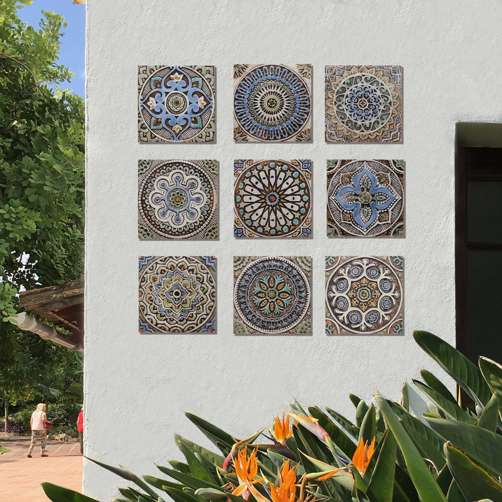 These handmade tiles make wonderful wall hangings and outdoor wall art.  These relief tiles are handmade in Spain and glazed in matt blue and finished in aged effect.