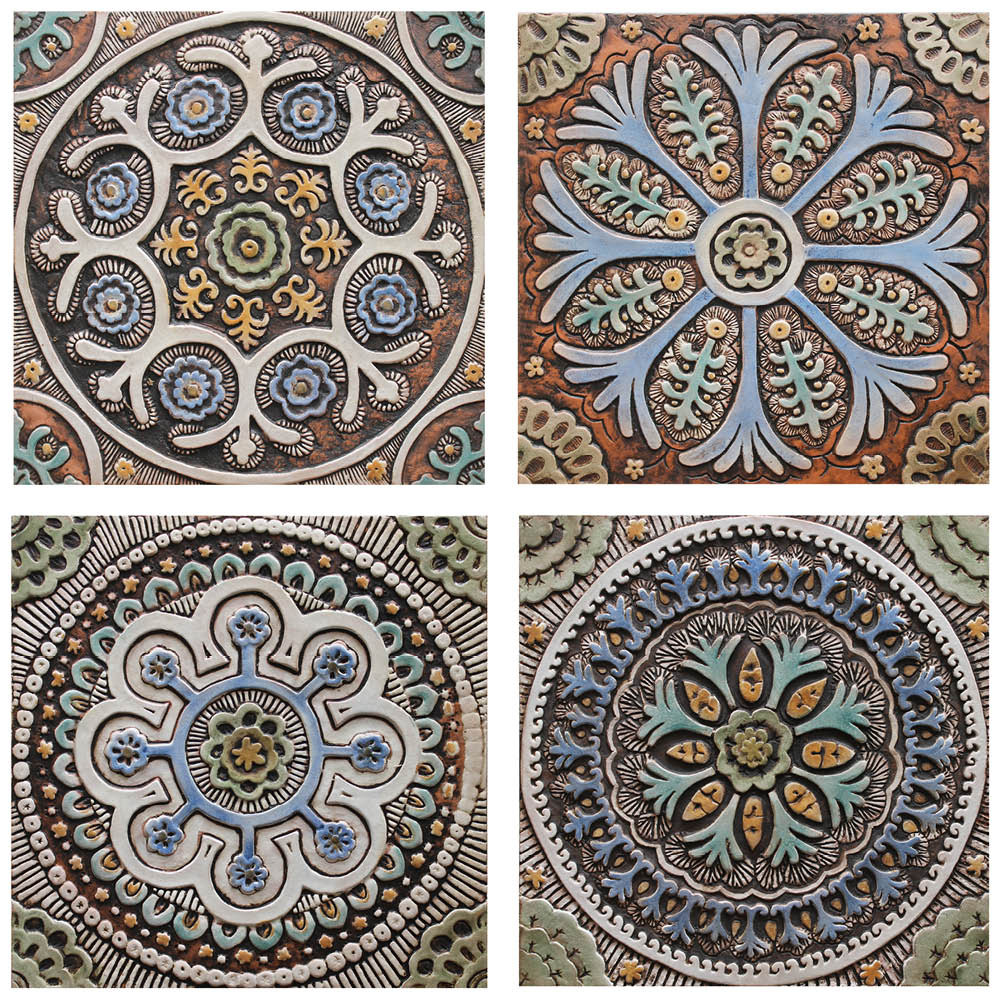 These handmade tiles make outdoor wall art.  Decorative tile handmade in Spain.