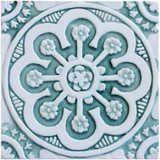 Handmade tile with carved relief for kitchens, bathrooms and outdoor wall art. Decorative tile handmade in Spain in aqua & white.