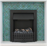 Chimney decorated with handmade turquoise tiles.