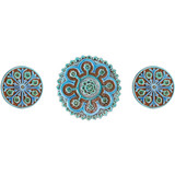 These handmade tiles make a unique wall art installation.  Our decorative tiles make wonderful outdoor wall art, either on a garden column or home entrance. Turquoise circle garden decor handmade in Spain.