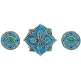 These handmade tiles make a unique wall art installation.  Our decorative tiles make wonderful outdoor wall art, either on a garden column or home entrance. Turquoise circle garden decor handmade in Spain.