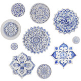 These circular tiles make beautiful outdoor wall art.  Blue and white wall hangings for kitchens, bathrooms and wall decor. Our decorative tiles can also be combined with our other handmade tiles to make larger wall art installations.