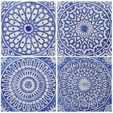 Handmade tile for kitchens, bathrooms and outdoor wall art. Decorative tile handmade in Spain. Relief tile glazed in blue and white.