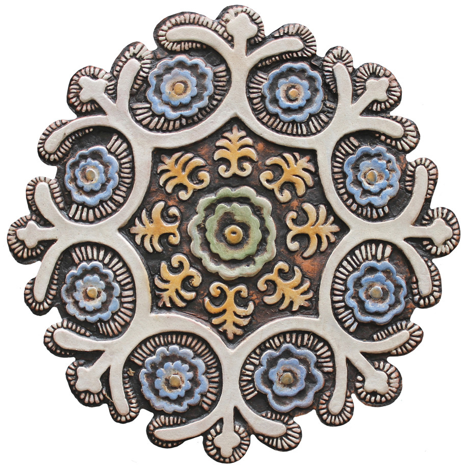 Ceramic wall art floral 1 beige & white circle tile GVEGA