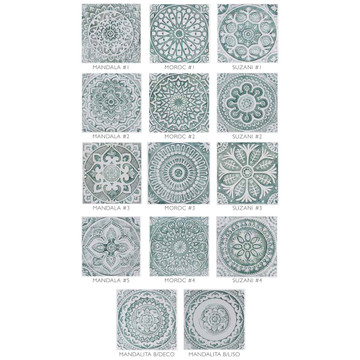 Handmade tile with carved relief for kitchens, bathrooms and outdoor wall art. Decorative tile handmade in Spain.