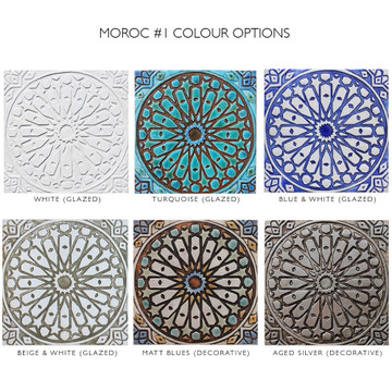 Handmade moroccan tile for kitchens, bathrooms and outdoor wall art. Decorative tile handmade in Spain. Relief tile glazed in grey and white.