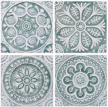 Handmade tile for kitchens, bathrooms and outdoor wall art. Decorative tile handmade in Spain. Relief tile glazed in aqua and white.
