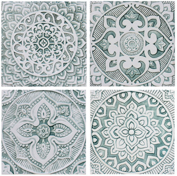 Handmade tile for kitchens, bathrooms and outdoor wall art. Decorative tile handmade in Spain. Relief tile glazed in aqua and white.