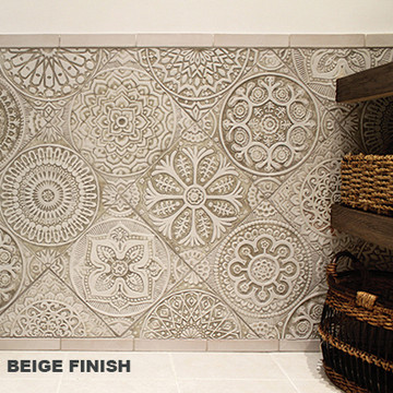 Handmade moroccan tile for kitchens, bathrooms and outdoor wall art. Decorative tile handmade in Spain. Relief tile glazed in grey and white.