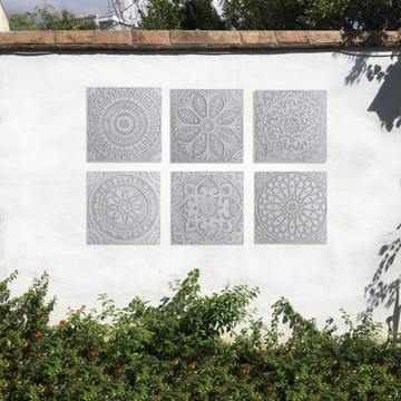 Handmade moroccan tile for kitchens, bathrooms and outdoor wall art. Decorative tile handmade in Spain. Relief tile glazed in grey and white.