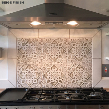 Handmade tile for kitchens, bathrooms and outdoor wall art. Decorative tile handmade in Spain. Relief tile glazed in grey and white.